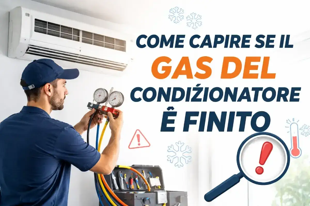 Tecnico controlla manometro per capire se manca il gas nel condizionatore. Segnali di allarme e termometro indicano problemi.