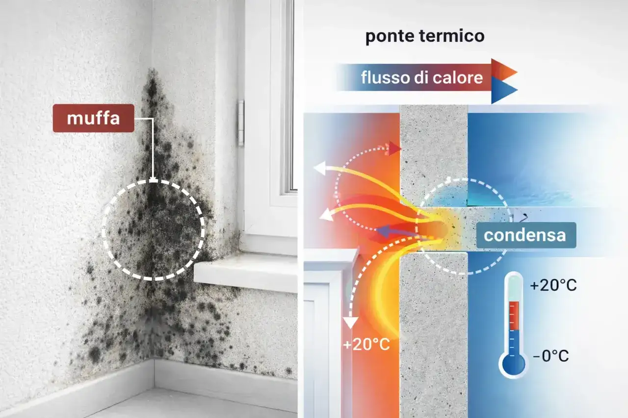 Angolo di una stanza con muffa nera su muro e finestra. Illustrazione spiega come evitare muffa in casa mostrando ponti termici e condensa.