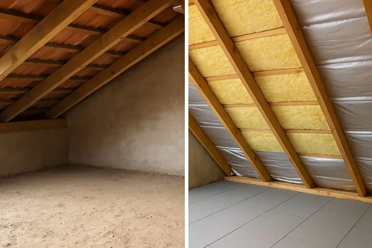 Prima e dopo: un sottotetto polveroso trasformato con isolamento e pannelli. Un lavoro ben fatto per rifare il tetto e renderlo efficiente.