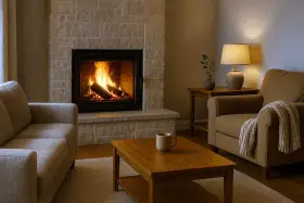 Accogliente soggiorno con camino a legna acceso, divano, poltrona con coperta e tavolino. Ideale per la riparazione camini a legna.