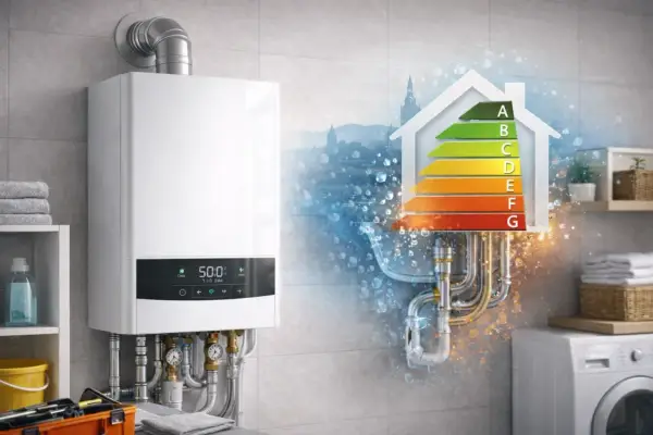 Caldaia istantanea a condensazione moderna, con display digitale e etichetta energetica A. Efficienza e risparmio per la tua casa.