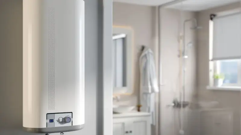 Scaldabagno bianco moderno in un bagno. Potrebbe essere la causa del fischio.