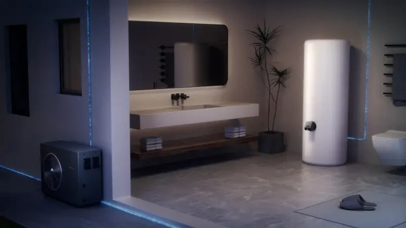 Bagno moderno con scaldabagno elettrico bianco, unità esterna e lavabo. La temperatura massima dello scaldabagno elettrico è regolabile.
